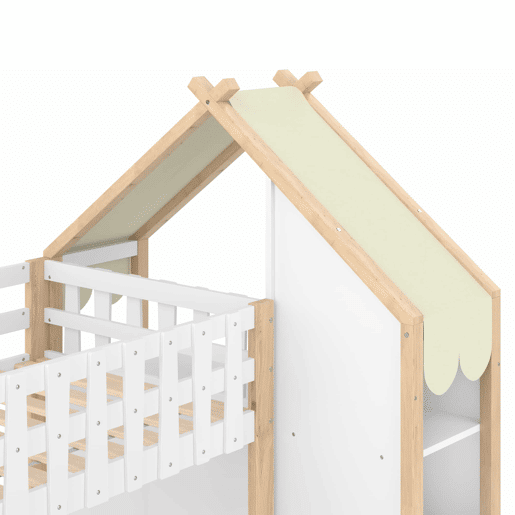 Cama alta 90x200 cm + 140x200 cm - Com grades, escada, 2 gavetas, vedação irregular - Branco + Natural Cama alta 90x200 cm + 140x200 cm - Com grades, escada, 2 gavetas, vedação irregular - Branco + Natural