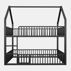 Beliche infantil 140x200 - Cama metálica com escada, design loft, com porta - Preta
