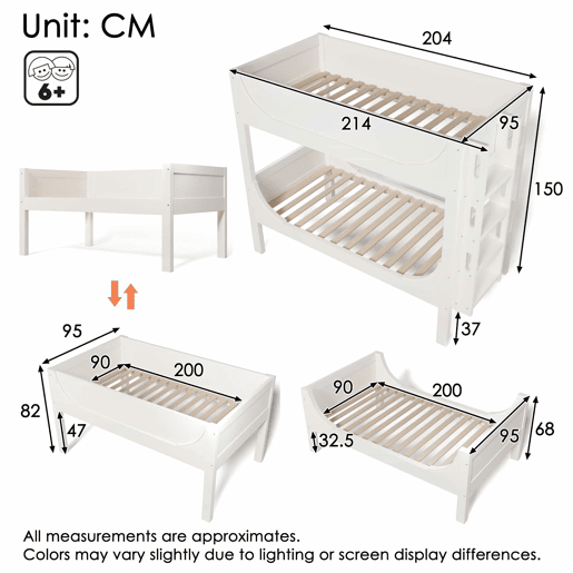 Cama beliche separável 90x200 cm - Escada flexível, design tipo trenó, branco