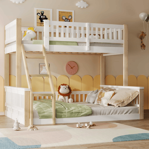 Beliche, 90x200cm+140x200cm - Escada, Corrimão, Estilo simples - Branco + Natural