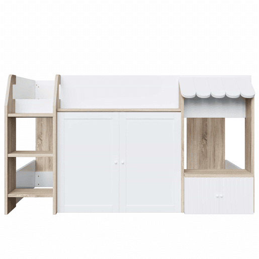 Cama infantil 90x200 - Com espaço de arrumação, escada de trepar, cama alta em madeira maciça - Cor madeira e branco