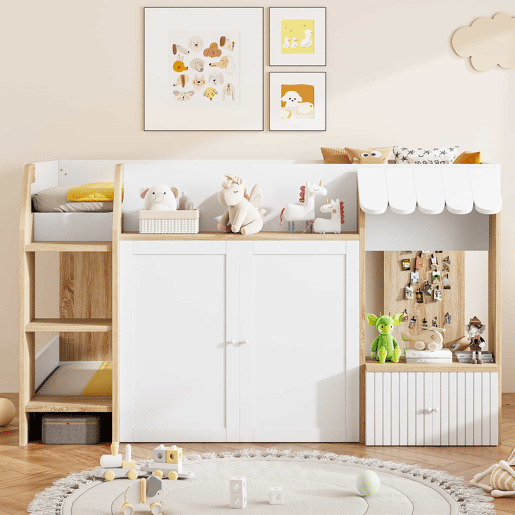 Cama infantil 90x200 - Com espaço de arrumação, escada de trepar, cama alta em madeira maciça - Cor madeira e branco