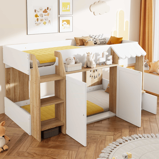 Cama infantil 90x200 - Com espaço de arrumação, escada de trepar, cama alta em madeira maciça - Cor madeira e branco