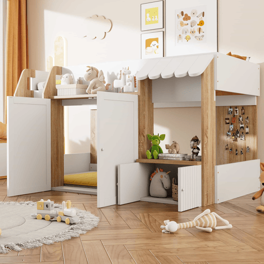 Cama infantil 90x200 - Com espaço de arrumação, escada de trepar, cama alta em madeira maciça - Cor madeira e branco