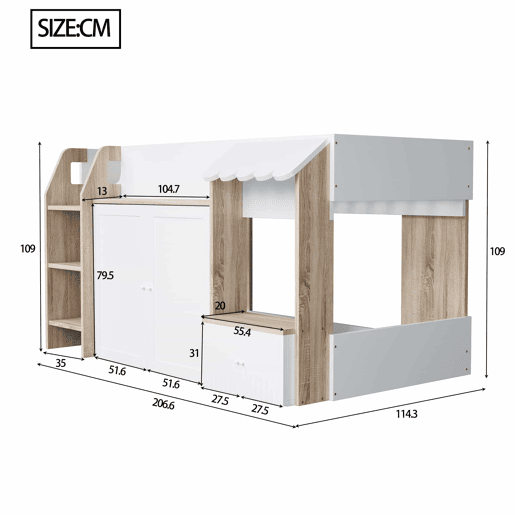 Cama infantil 90x200 - Com espaço de arrumação, escada de trepar, cama alta em madeira maciça - Cor madeira e branco