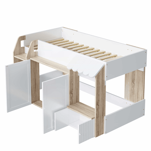Cama infantil 90x200 - Com espaço de arrumação, escada de trepar, cama alta em madeira maciça - Cor madeira e branco