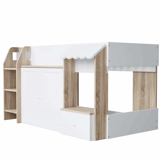Cama infantil 90x200 - Com espaço de arrumação, escada de trepar, cama alta em madeira maciça - Cor madeira e branco