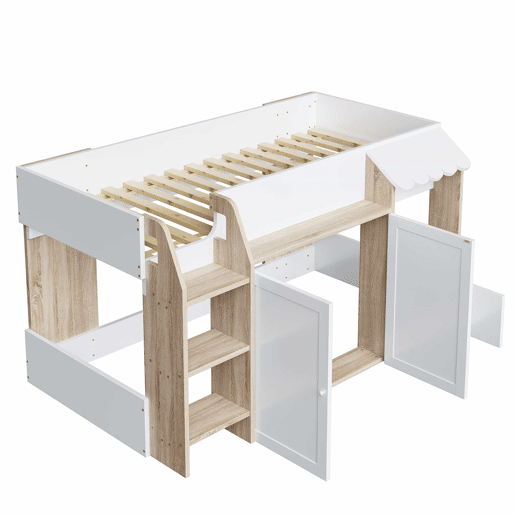 Cama infantil 90x200 - Com espaço de arrumação, escada de trepar, cama alta em madeira maciça - Cor madeira e branco