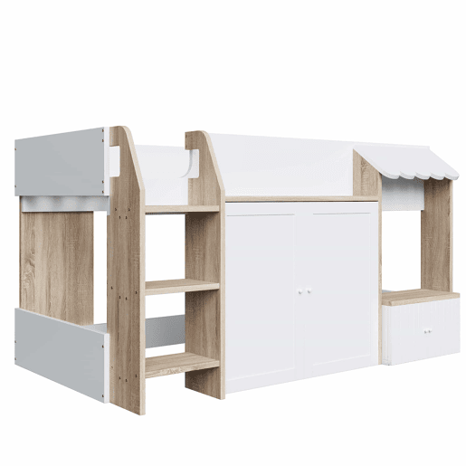 Cama infantil 90x200 - Com espaço de arrumação, escada de trepar, cama alta em madeira maciça - Cor madeira e branco