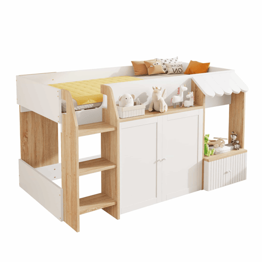 Cama infantil 90x200 - Com espaço de arrumação, escada de trepar, cama alta em madeira maciça - Cor madeira e branco