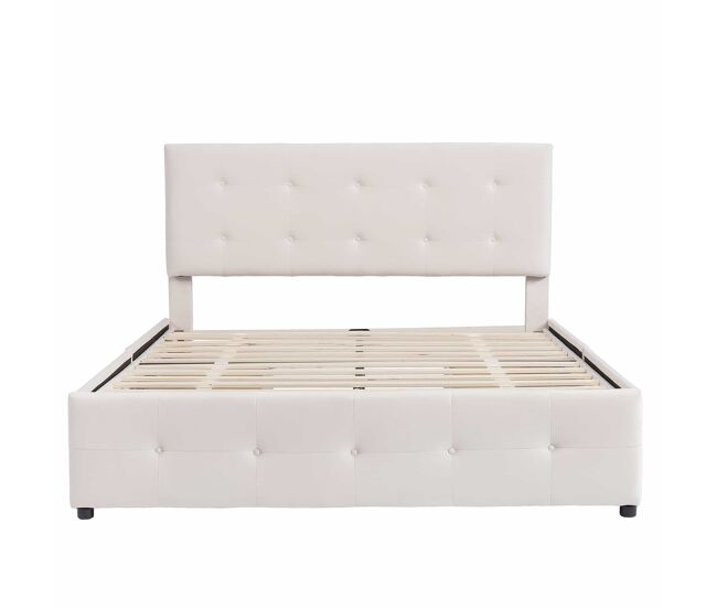 Cama doble tapizada en terciopelo - 140x200cm - con 4 cajones y somier - beige