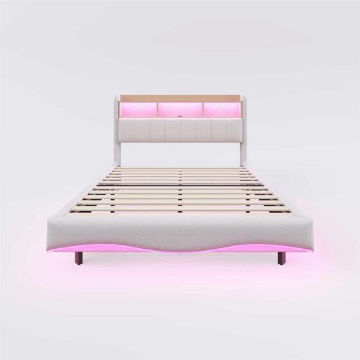 Cama de adulto 160x200 cm em tecido de linho - cabeceira com arrumação com LED e tomadas - Bege Cama de adulto 160x200 cm em tecido de linho - cabeceira com arrumação com LED e tomadas - Bege