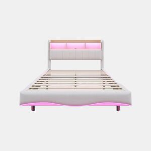 Cama de adulto 160x200 cm em tecido de linho - cabeceira com arrumação com LED e tomadas - Bege