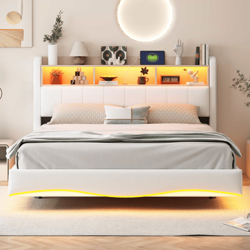 Cama de adulto 160x200 cm em tecido de linho - cabeceira com arrumação com LED e tomadas - Bege Cama de adulto 160x200 cm em tecido de linho - cabeceira com arrumação com LED e tomadas - Bege