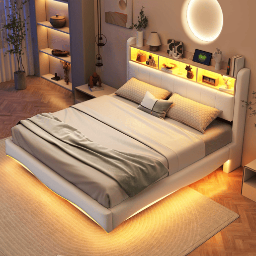 Cama de adulto 160x200 cm em tecido de linho - cabeceira com arrumação com LED e tomadas - Bege Cama de adulto 160x200 cm em tecido de linho - cabeceira com arrumação com LED e tomadas - Bege