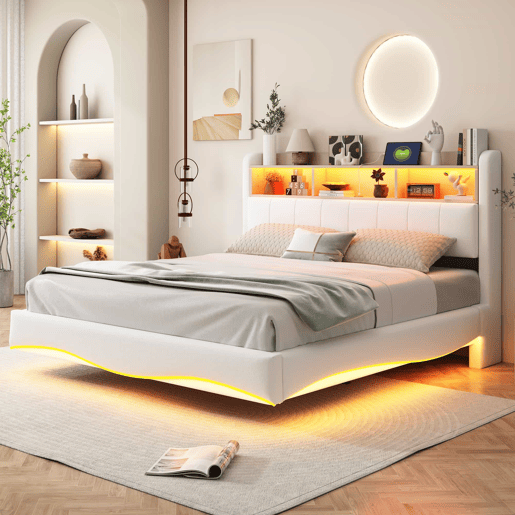 Cama de adulto 160x200 cm em tecido de linho - cabeceira com arrumação com LED e tomadas - Bege Cama de adulto 160x200 cm em tecido de linho - cabeceira com arrumação com LED e tomadas - Bege