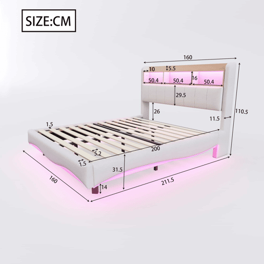 Cama de adulto 160x200 cm em tecido de linho - cabeceira com arrumação com LED e tomadas - Bege Cama de adulto 160x200 cm em tecido de linho - cabeceira com arrumação com LED e tomadas - Bege