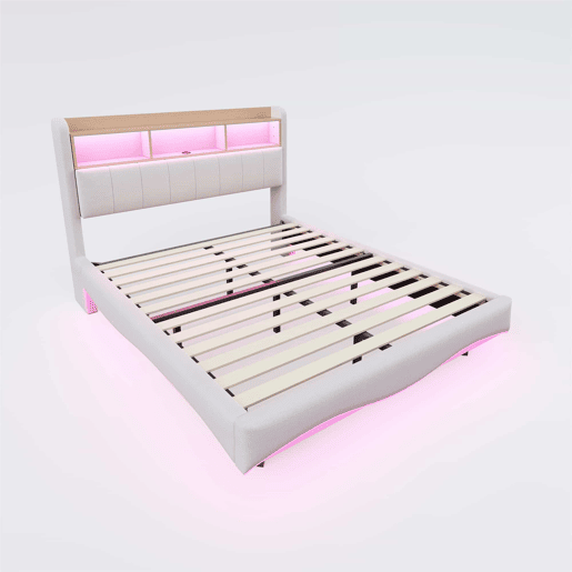 Cama de adulto 160x200 cm em tecido de linho - cabeceira com arrumação com LED e tomadas - Bege Cama de adulto 160x200 cm em tecido de linho - cabeceira com arrumação com LED e tomadas - Bege