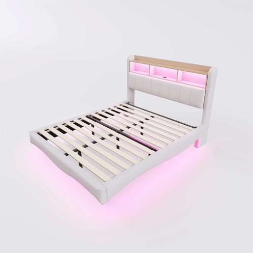 Cama de adulto 160x200 cm em tecido de linho - cabeceira com arrumação com LED e tomadas - Bege Cama de adulto 160x200 cm em tecido de linho - cabeceira com arrumação com LED e tomadas - Bege