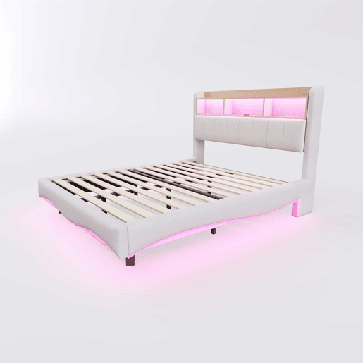 Cama de adulto 160x200 cm em tecido de linho - cabeceira com arrumação com LED e tomadas - Bege Cama de adulto 160x200 cm em tecido de linho - cabeceira com arrumação com LED e tomadas - Bege