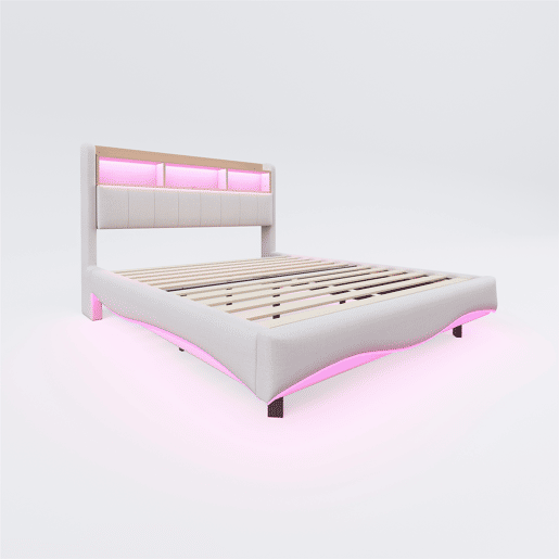 Cama de adulto 160x200 cm em tecido de linho - cabeceira com arrumação com LED e tomadas - Bege Cama de adulto 160x200 cm em tecido de linho - cabeceira com arrumação com LED e tomadas - Bege