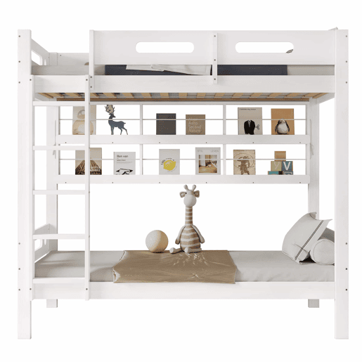 Cama alta infantil 90x200 - Com grade de segurança, prateleira aberta, escada de cinco degraus, amplo espaço de armazenamento - Branco