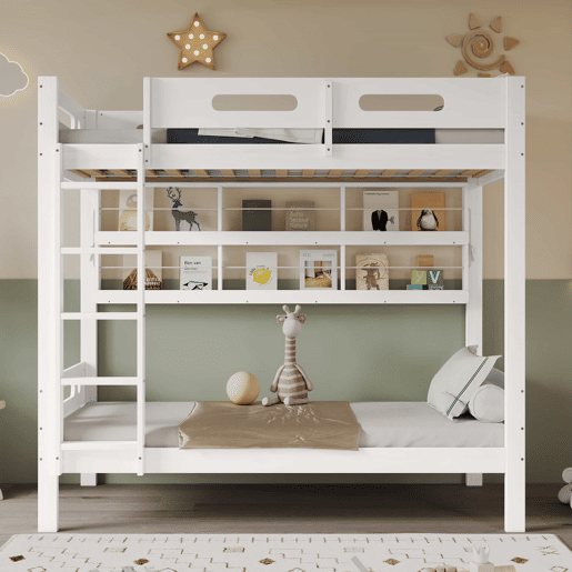 Cama alta infantil 90x200 - Com grade de segurança, prateleira aberta, escada de cinco degraus, amplo espaço de armazenamento - Branco