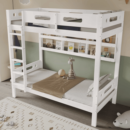 Cama alta infantil 90x200 - Com grade de segurança, prateleira aberta, escada de cinco degraus, amplo espaço de armazenamento - Branco