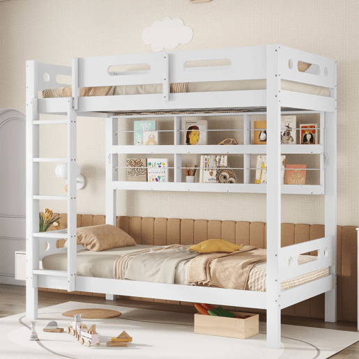 Cama alta infantil 90x200 - Com grade de segurança, prateleira aberta, escada de cinco degraus, amplo espaço de armazenamento - Branco