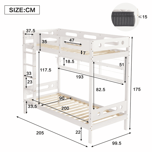 Cama alta infantil 90x200 - Com grade de segurança, prateleira aberta, escada de cinco degraus, amplo espaço de armazenamento - Branco