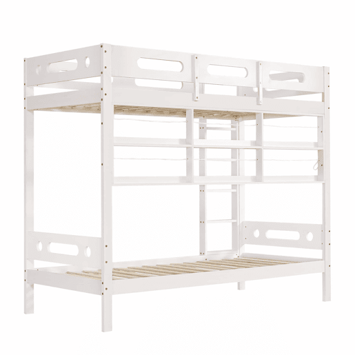 Cama alta infantil 90x200 - Com grade de segurança, prateleira aberta, escada de cinco degraus, amplo espaço de armazenamento - Branco