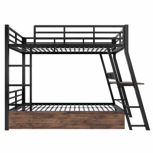 Cama alta 90x200 cm - Estrutura em ferro, barra LED, gavetas, grade, escada, secretária - Preto