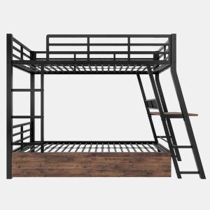 Cama alta 90x200 cm - Estrutura em ferro, barra LED, gavetas, grade, escada, secretária - Preto