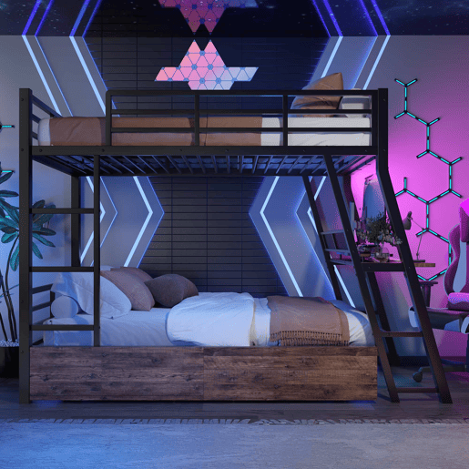 Cama alta 90x200 cm - Estrutura em ferro, barra LED, gavetas, grade, escada, secretária - Preto