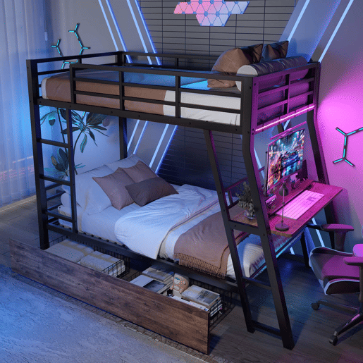 Cama alta 90x200 cm - Estrutura em ferro, barra LED, gavetas, grade, escada, secretária - Preto