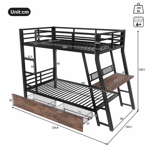 Cama alta 90x200 cm - Estrutura em ferro, barra LED, gavetas, grade, escada, secretária - Preto