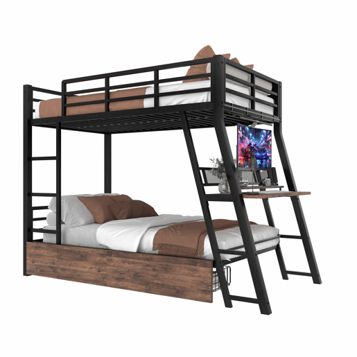 Cama alta 90x200 cm - Estrutura em ferro, barra LED, gavetas, grade, escada, secretária - Preto