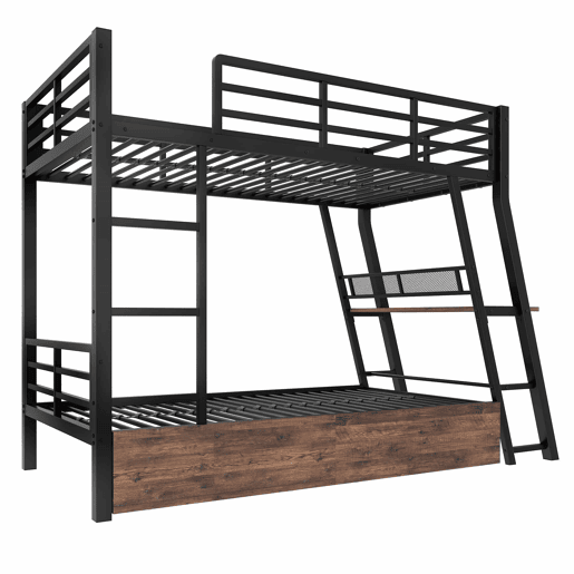 Cama alta 90x200 cm - Estrutura em ferro, barra LED, gavetas, grade, escada, secretária - Preto