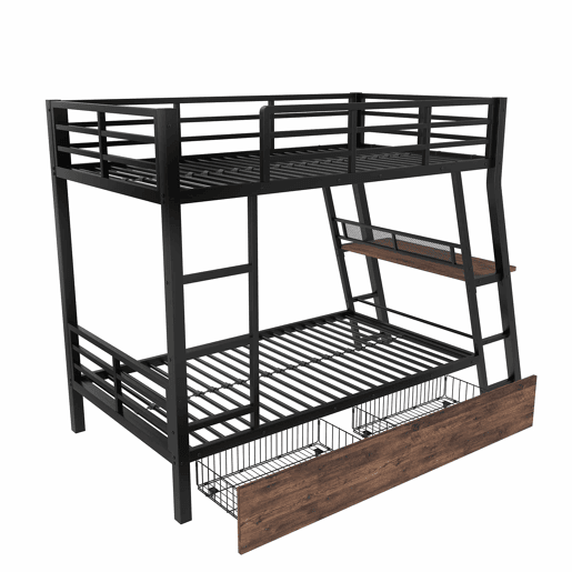 Cama alta 90x200 cm - Estrutura em ferro, barra LED, gavetas, grade, escada, secretária - Preto
