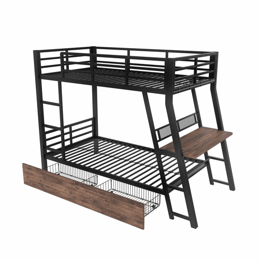 Cama alta 90x200 cm - Estrutura em ferro, barra LED, gavetas, grade, escada, secretária - Preto
