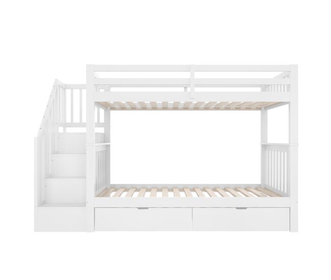 Cama litera 90x200 cm - con estante escalera, 2 cajones, barandillas altas, certificada en747-1, blanca