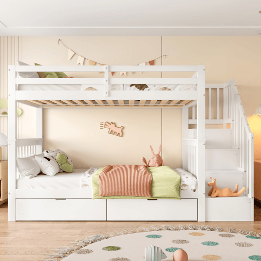 Beliche 90x200 cm - Com escada, 2 gavetas, grades altas, certificado EN747-1, branco Beliche 90x200 cm - Com escada, 2 gavetas, grades altas, certificado EN747-1, branco