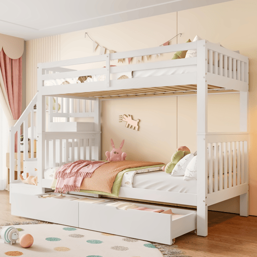 Beliche 90x200 cm - Com escada, 2 gavetas, grades altas, certificado EN747-1, branco Beliche 90x200 cm - Com escada, 2 gavetas, grades altas, certificado EN747-1, branco