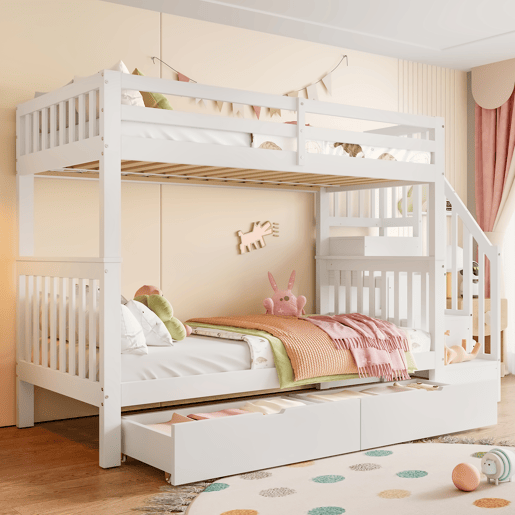 Beliche 90x200 cm - Com escada, 2 gavetas, grades altas, certificado EN747-1, branco Beliche 90x200 cm - Com escada, 2 gavetas, grades altas, certificado EN747-1, branco