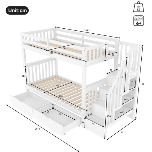 Beliche 90x200 cm - Com escada, 2 gavetas, grades altas, certificado EN747-1, branco Beliche 90x200 cm - Com escada, 2 gavetas, grades altas, certificado EN747-1, branco