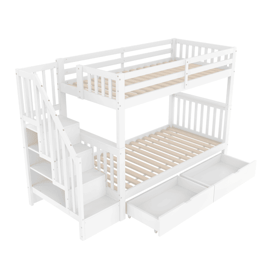 Beliche 90x200 cm - Com escada, 2 gavetas, grades altas, certificado EN747-1, branco Beliche 90x200 cm - Com escada, 2 gavetas, grades altas, certificado EN747-1, branco