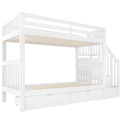 Beliche 90x200 cm - Com escada, 2 gavetas, grades altas, certificado EN747-1, branco Beliche 90x200 cm - Com escada, 2 gavetas, grades altas, certificado EN747-1, branco