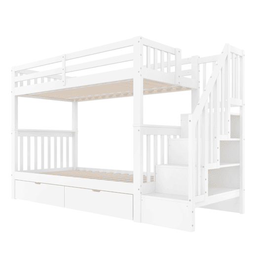 Beliche 90x200 cm - Com escada, 2 gavetas, grades altas, certificado EN747-1, branco Beliche 90x200 cm - Com escada, 2 gavetas, grades altas, certificado EN747-1, branco