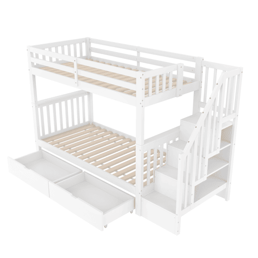 Beliche 90x200 cm - Com escada, 2 gavetas, grades altas, certificado EN747-1, branco Beliche 90x200 cm - Com escada, 2 gavetas, grades altas, certificado EN747-1, branco