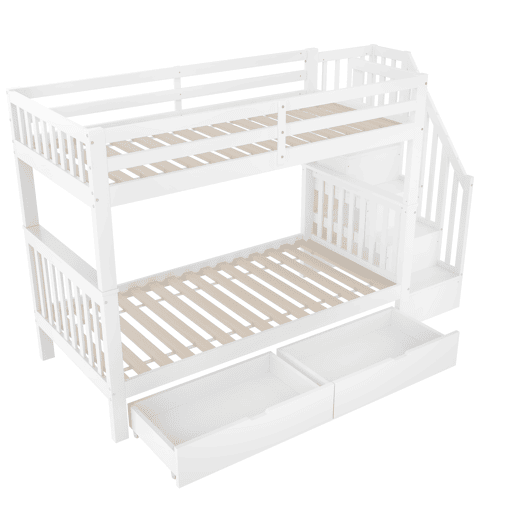 Beliche 90x200 cm - Com escada, 2 gavetas, grades altas, certificado EN747-1, branco Beliche 90x200 cm - Com escada, 2 gavetas, grades altas, certificado EN747-1, branco